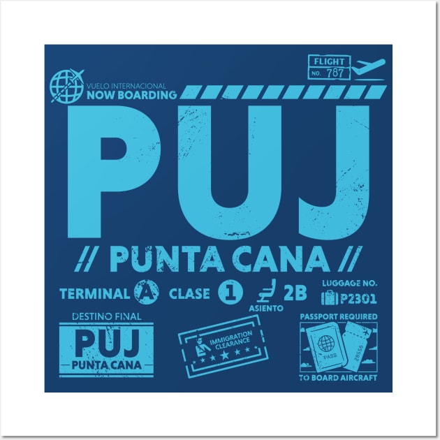 Vintage Punta Cana PUJ Airport Code Travel Day Retro Travel Tag Dominican Republic Wall Art by Now Boarding